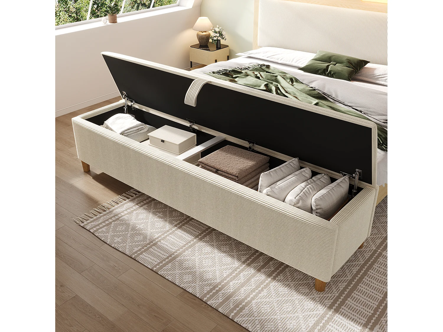Bedbank met hydraulische opbergruimte, elegant design, corduroy en hout, beige (145x38x46 cm)