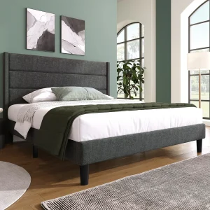 Bed 140×200 cm – donkergrijs linnen – volwassen bed met lattenbodem en hoofdbord – matras niet inbegrepen Bed 140×200 cm – donkergrijs linnen – volwassen bed met lattenbodem en hoofdbord – matras niet inbegrepen