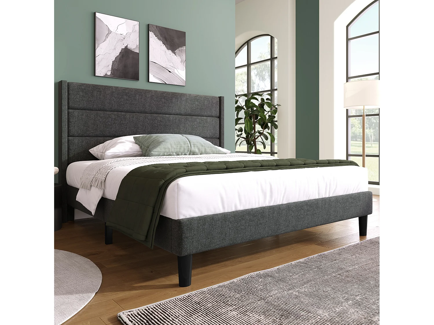 Bed 140x200 cm - donkergrijs linnen - volwassen bed met lattenbodem en hoofdbord - matras niet inbegrepen