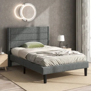 Bed 90×200 cm – donkergrijs linnen – eenpersoonsbed met lattenbodem en hoofdbord – matras niet inbegrepen Bed 90×200 cm – donkergrijs linnen – eenpersoonsbed met lattenbodem en hoofdbord – matras niet inbegrepen
