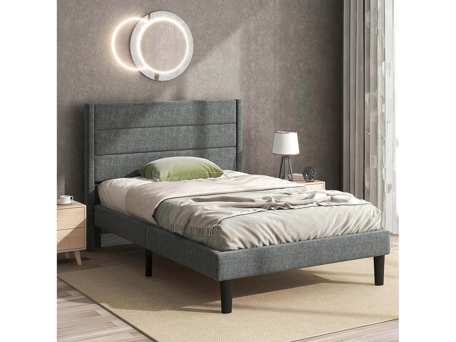 Bed 90x200 cm - donkergrijs linnen - eenpersoonsbed met lattenbodem en hoofdbord - matras niet inbegrepen
