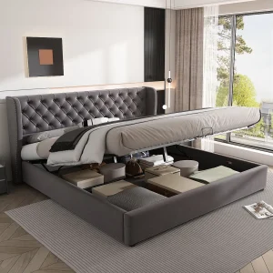 Bed met opbergruimte 180×200 cm – Grijs fluweel – Gewatteerd bed met hoofdbord en lattenbodem – Zonder matras Bed met opbergruimte 180×200 cm – Grijs fluweel – Gewatteerd bed met hoofdbord en lattenbodem – Zonder matras