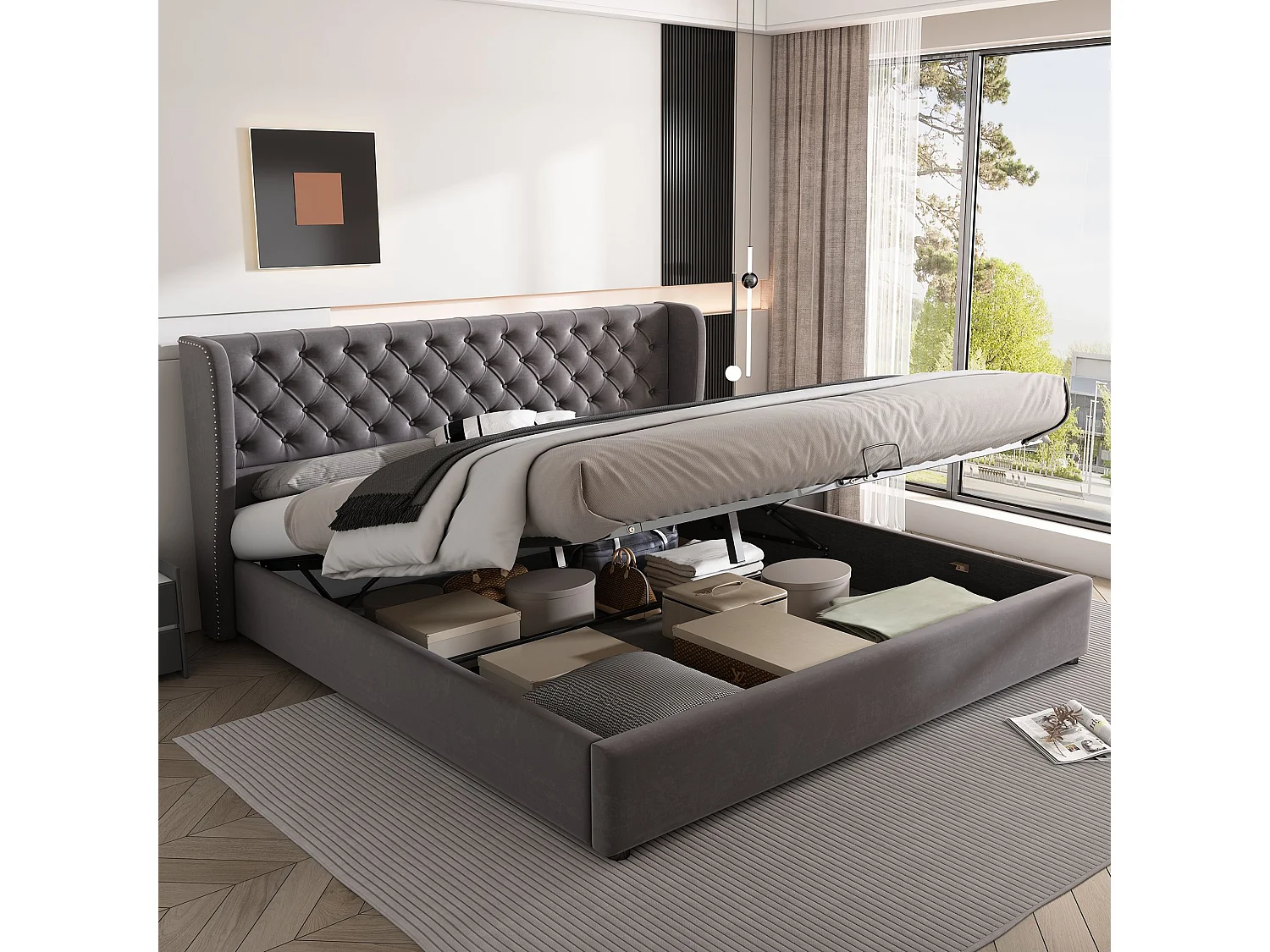 Bed met opbergruimte 180x200 cm - Grijs fluweel - Gewatteerd bed met hoofdbord en lattenbodem - Zonder matras