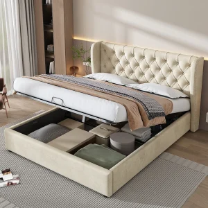 Bed met opbergruimte 180×200 cm – Beige fluweel – Gewatteerd bed met hoofdbord en lattenbodem – Zonder matras Bed met opbergruimte 180×200 cm – Beige fluweel – Gewatteerd bed met hoofdbord en lattenbodem – Zonder matras