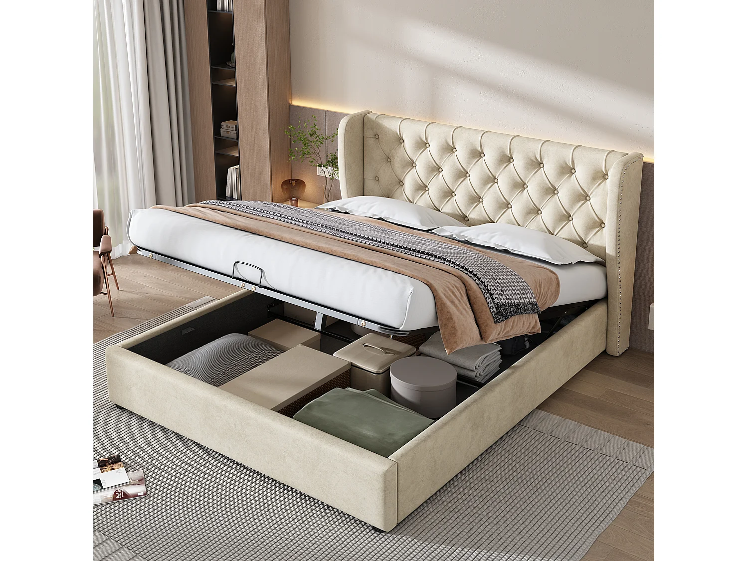 Bed met opbergruimte 180x200 cm - Beige fluweel - Gewatteerd bed met hoofdbord en lattenbodem - Zonder matras