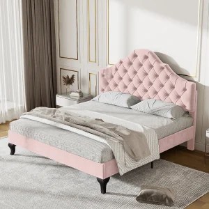 Bed met verstelbaar hoofdeinde voor volwassenen – 140 x 200 cm – fluweel – Scandinavische stijl – roze Bed met verstelbaar hoofdeinde voor volwassenen – 140 x 200 cm – fluweel – Scandinavische stijl – roze