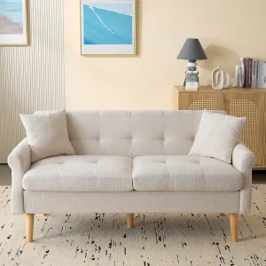 Beige 2-zitsbank, chenillestof, houten poten, 162x74x77cm Beige 2-zitsbank, chenillestof, houten poten, 162x74x77cm