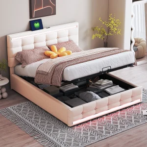 Beige tweepersoonsbed met opbergruimte 140x200cm met LED en 2 USB-aansluitingen, in hoogte verstelbaar hoofdeinde, zonder matras Beige tweepersoonsbed met opbergruimte 140x200cm met LED en 2 USB-aansluitingen, in hoogte verstelbaar hoofdeinde, zonder matras