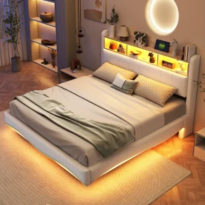 Bed 160×200 cm beige in linnen met LED en USB, zwevend design, lattenbodem, zonder matras Bed 160×200 cm beige in linnen met LED en USB, zwevend design, lattenbodem, zonder matras