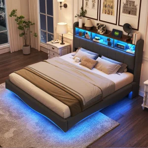 Bed 160×200 cm grijs in linnen met LED en USB, zwevend design, lattenbodem, zonder matras Bed 160×200 cm grijs in linnen met LED en USB, zwevend design, lattenbodem, zonder matras