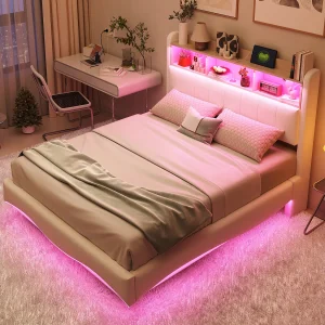 Bed 140×200 cm beige in linnen met LED en USB, zwevend design, lattenbodem, zonder matras Bed 140×200 cm beige in linnen met LED en USB, zwevend design, lattenbodem, zonder matras