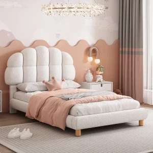 Bed 90×200 cm – Wit pluche – Kinderbed met houten lattenbodem – Zonder matras