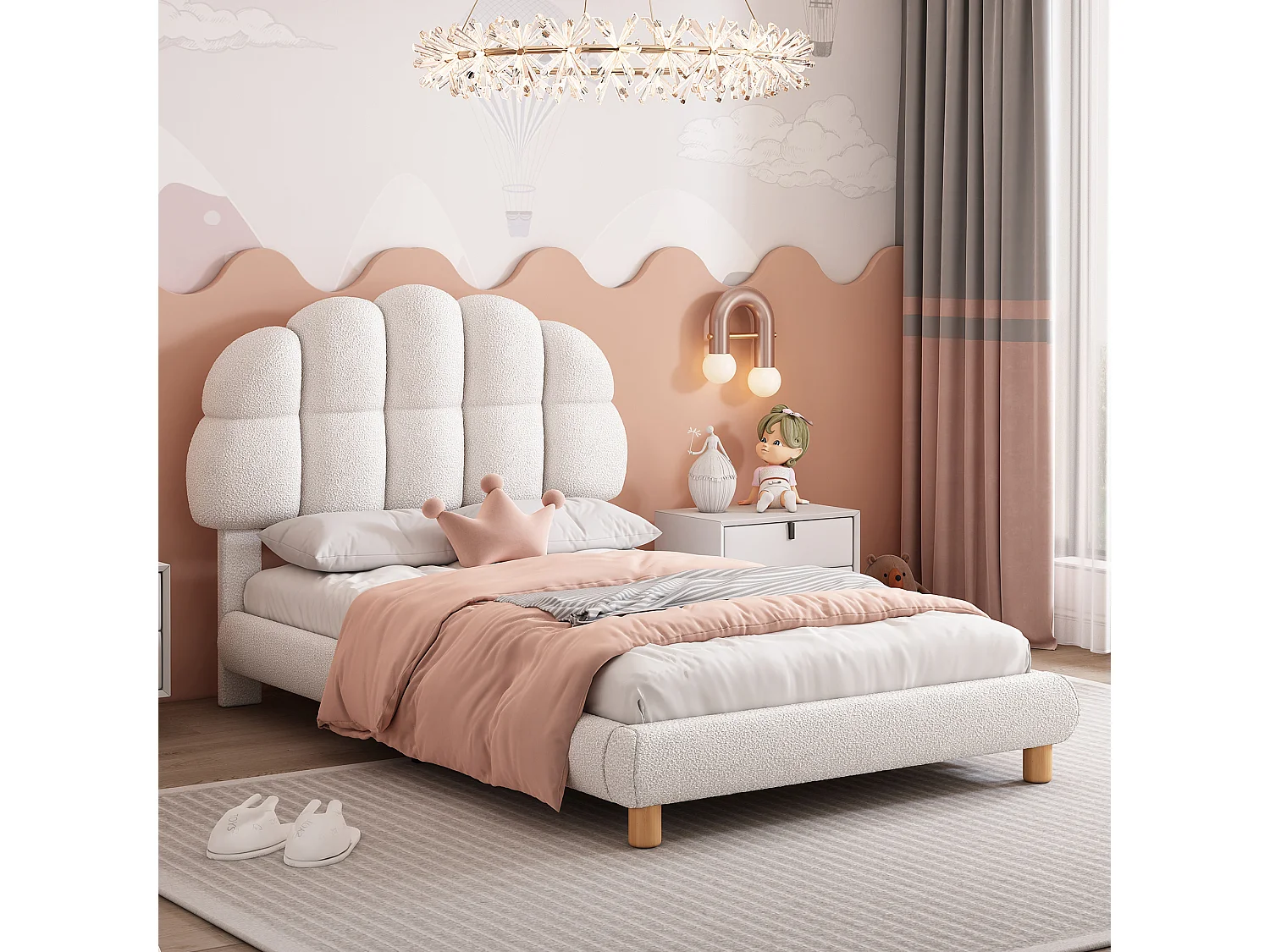 Bed 90x200 cm - Wit pluche - Kinderbed met houten lattenbodem - Zonder matras