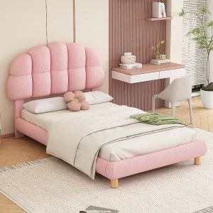 Bed 90×200 cm – Roze pluche – Kinderbed met houten lattenbodem – Zonder matras