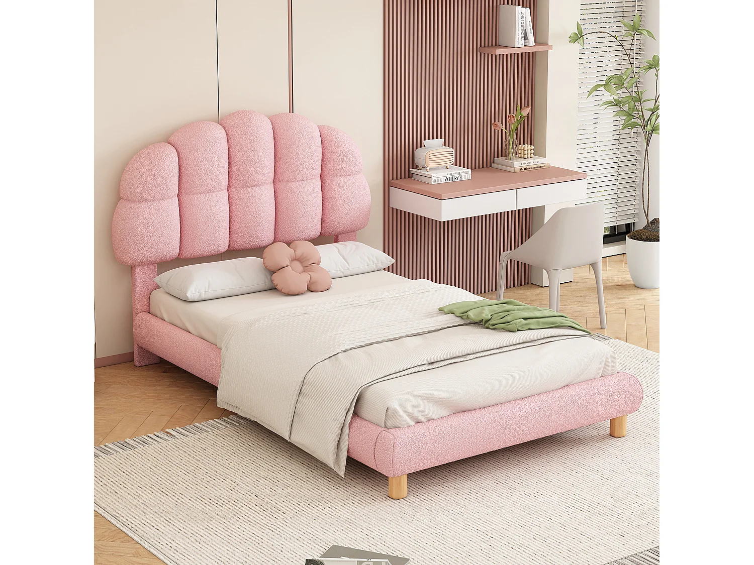 Bed 90x200 cm - Roze pluche - Kinderbed met houten lattenbodem - Zonder matras