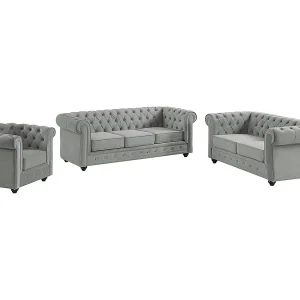 Bankstel en fauteuil CHESTERFIELD – Fluweel – Lichtgrijs – Koop nu in je online meubelshop Bankstel en fauteuil CHESTERFIELD – Fluweel – Lichtgrijs – Koop nu in je online meubelshop