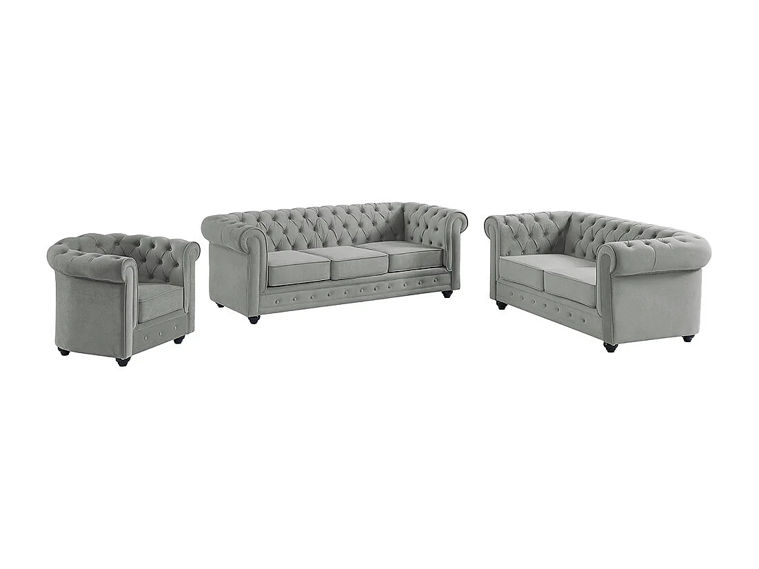 Bankstel en fauteuil CHESTERFIELD – Fluweel – Lichtgrijs – Koop nu in je online meubelshop