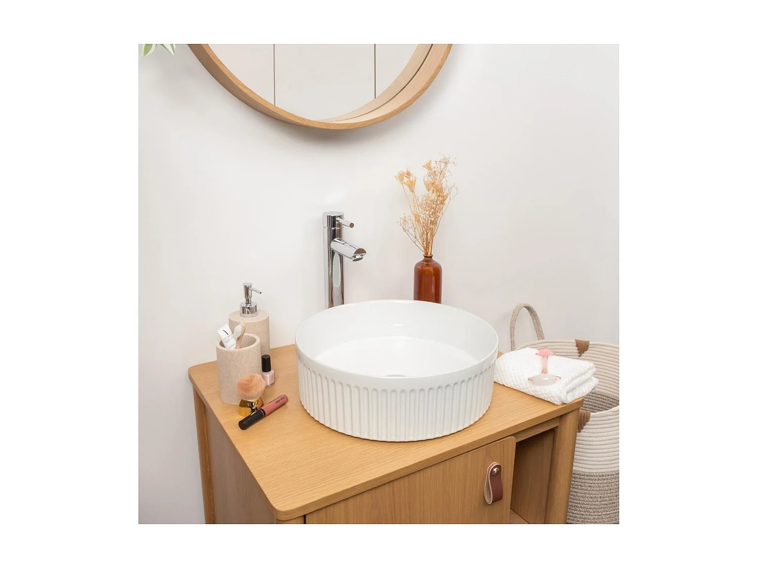 BERRY 36cm ronde witte keramische wastafel met structuur