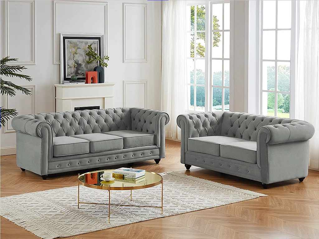 Bankstel CHESTERFIELD – Fluweel – Lichtgrijs – Koop nu eenvoudig in je online meubelshop