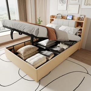 Bed met opbergruimte 140 x 200 cm – Volwassen bed met hoofdbord, opbergruimte en USB-oplader – natuurlijk hout – zonder matras Bed met opbergruimte 140 x 200 cm – Volwassen bed met hoofdbord, opbergruimte en USB-oplader – natuurlijk hout – zonder matras