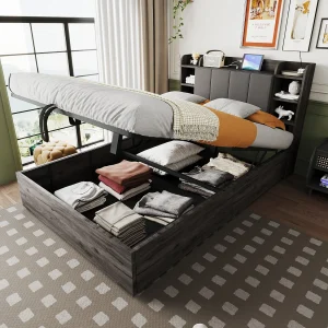 Bed met opbergruimte 140 x 200 cm – Volwassen bed met hoofdbord, opbergruimte en USB-oplader – grijs hout – zonder matras Bed met opbergruimte 140 x 200 cm – Volwassen bed met hoofdbord, opbergruimte en USB-oplader – grijs hout – zonder matras