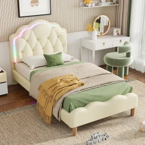 Beige kinderbedframe 90x200cm met LED-verlichting, golvend hoofdeinde, zonder matras Beige kinderbedframe 90x200cm met LED-verlichting, golvend hoofdeinde, zonder matras