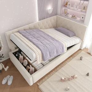 Bed met opbergruimte 90 x 190 cm – Kinderbed met rugleuning en houten lattenbodem – beige fluweel – zonder matras Bed met opbergruimte 90 x 190 cm – Kinderbed met rugleuning en houten lattenbodem – beige fluweel – zonder matras