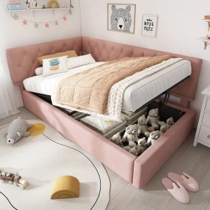 Bed met opbergruimte 90 x 190 cm – Kinderbed met rugleuning en houten lattenbodem – roze fluweel – zonder matras Bed met opbergruimte 90 x 190 cm – Kinderbed met rugleuning en houten lattenbodem – roze fluweel – zonder matras