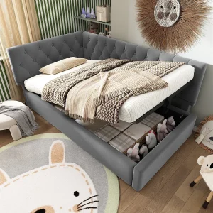 Bed met opbergruimte 90 x 190 cm – Kinderbed met rugleuning en houten lattenbodem – grijs fluweel – zonder matras Bed met opbergruimte 90 x 190 cm – Kinderbed met rugleuning en houten lattenbodem – grijs fluweel – zonder matras