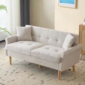 Beige 2-zitsbank – Rechte bank met twee kussens en armleuningen – chenille – voor woonkamer en slaapkamer Beige 2-zitsbank – Rechte bank met twee kussens en armleuningen – chenille – voor woonkamer en slaapkamer