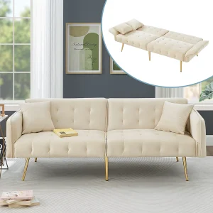 Beige fluwelen tweezitsbank met verstelbare armleuningen en rugleuning, goudkleurige metalen poten Beige fluwelen tweezitsbank met verstelbare armleuningen en rugleuning, goudkleurige metalen poten