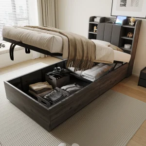 Bed met opbergruimte 90×200 cm, hoofdbord met opbergruimte en USB-aansluiting, grijs hout – zonder matras Bed met opbergruimte 90×200 cm, hoofdbord met opbergruimte en USB-aansluiting, grijs hout – zonder matras