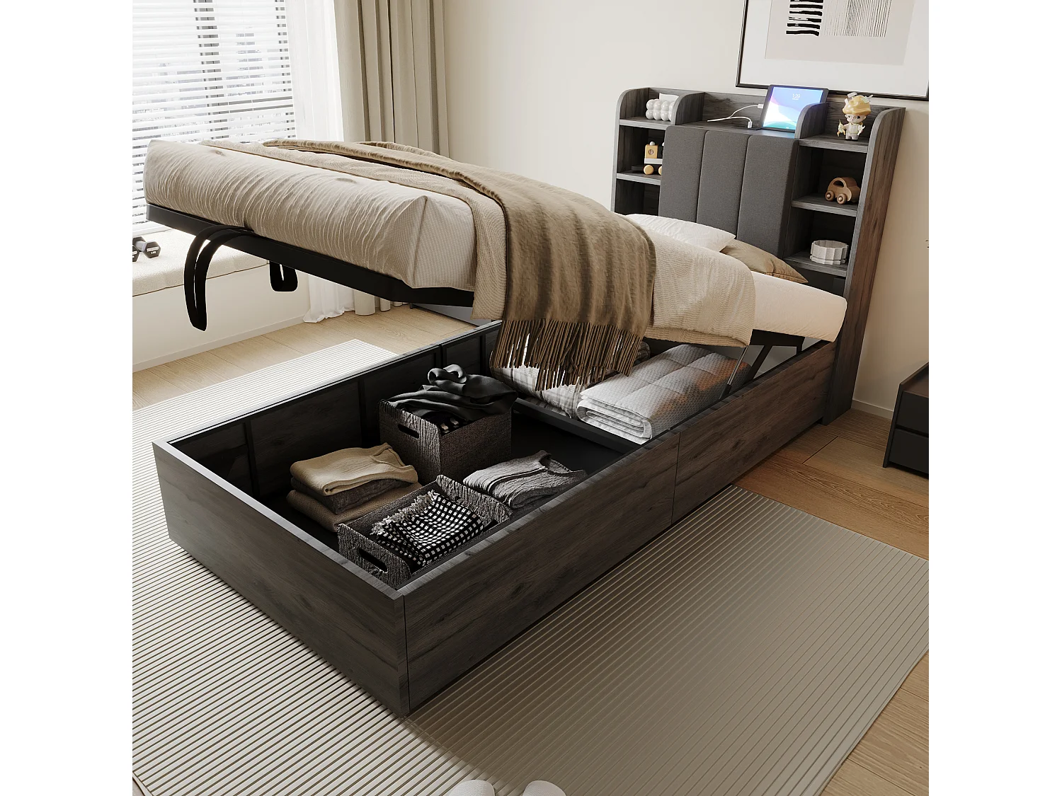 Bed met opbergruimte 90x200 cm, hoofdbord met opbergruimte en USB-aansluiting, grijs hout - zonder matras
