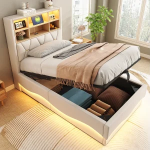 Bed met opbergruimte 90×200 cm, beige linnen, kinderbed met ledverlichting en USB-aansluiting, opberghoofdeinde – zonder matras Bed met opbergruimte 90×200 cm, beige linnen, kinderbed met ledverlichting en USB-aansluiting, opberghoofdeinde – zonder matras