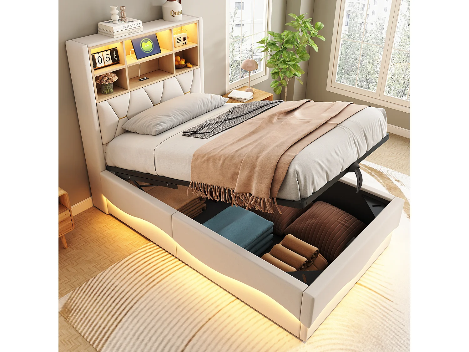 Bed met opbergruimte 90x200 cm, beige linnen, kinderbed met ledverlichting en USB-aansluiting, opberghoofdeinde - zonder matras