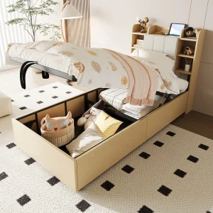 Bed met opbergruimte 90×200 cm, hoofdbord met opbergruimte en USB-aansluiting, natuurlijk hout – zonder matras Bed met opbergruimte 90×200 cm, hoofdbord met opbergruimte en USB-aansluiting, natuurlijk hout – zonder matras