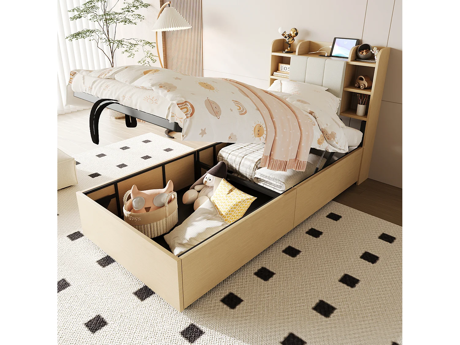 Bed met opbergruimte 90x200 cm, hoofdbord met opbergruimte en USB-aansluiting, natuurlijk hout - zonder matras