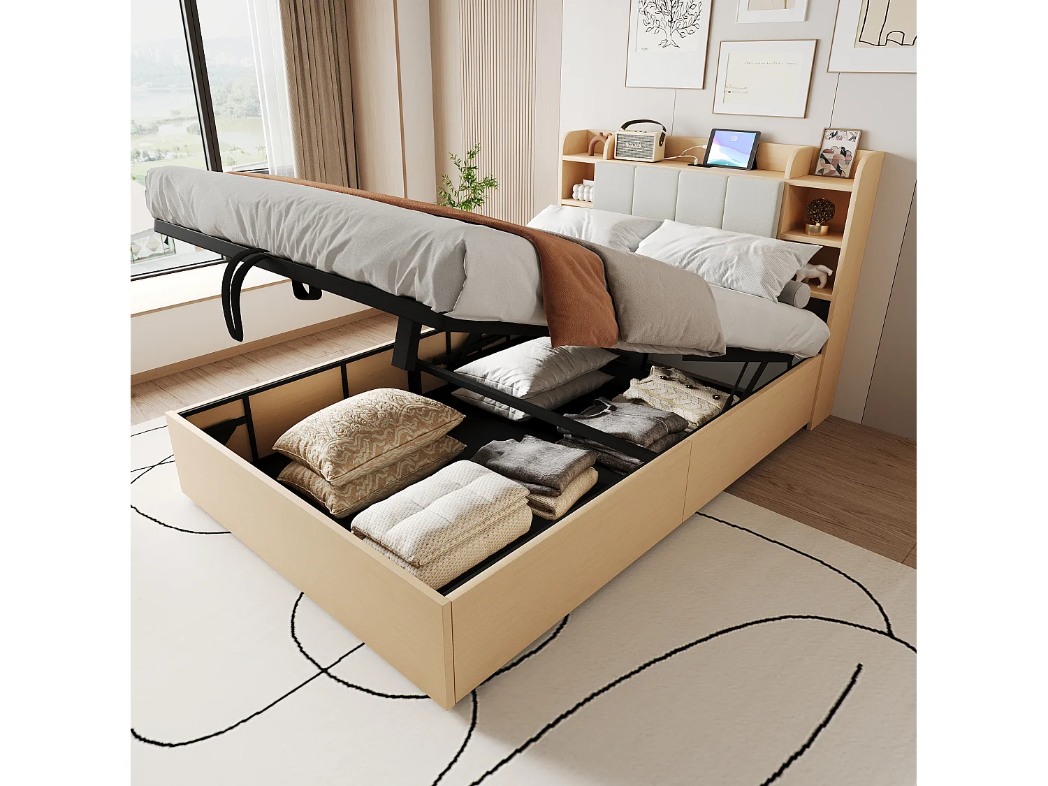 Bed met opbergruimte 140x200 cm, hoofdbord met opbergruimte en USB-aansluiting, natuurlijk hout - zonder matras