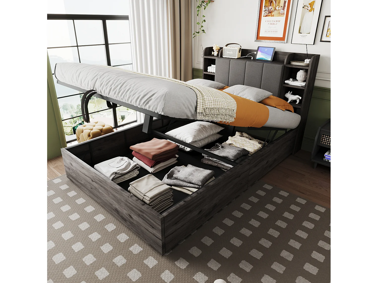 Bed met opbergruimte 140x200 cm, hoofdbord met opbergruimte en USB-aansluiting, grijs hout - zonder matras