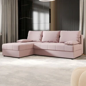 BEDANTE Hoekbank MOS L Cosmic 14 Roze Links met slaapfunctie, L-vormige bank met opbergruimte, slaapbank, bedbank