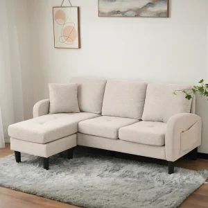 Beige 3-zits L-vormige hoekbank, stof katoen en linnen, kunststof poten, 166 x 118 x 77 cm Beige 3-zits L-vormige hoekbank, stof katoen en linnen, kunststof poten, 166 x 118 x 77 cm