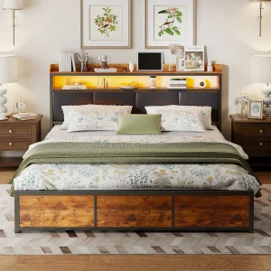 Bed 140×200 met onderstel en LED, zwart PU hoofdbord, metalen frame en praktisch opbergvak