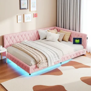 Bedframe 140×200, fluwelen tweepersoonsbed, met LED en USB, met lattenbodem, roze