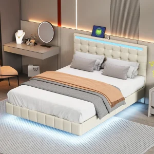 Bed 140 x 200 cm met ledverlichting en verstelbaar hoofdeinde, lattenbodem, linnen stof, beige