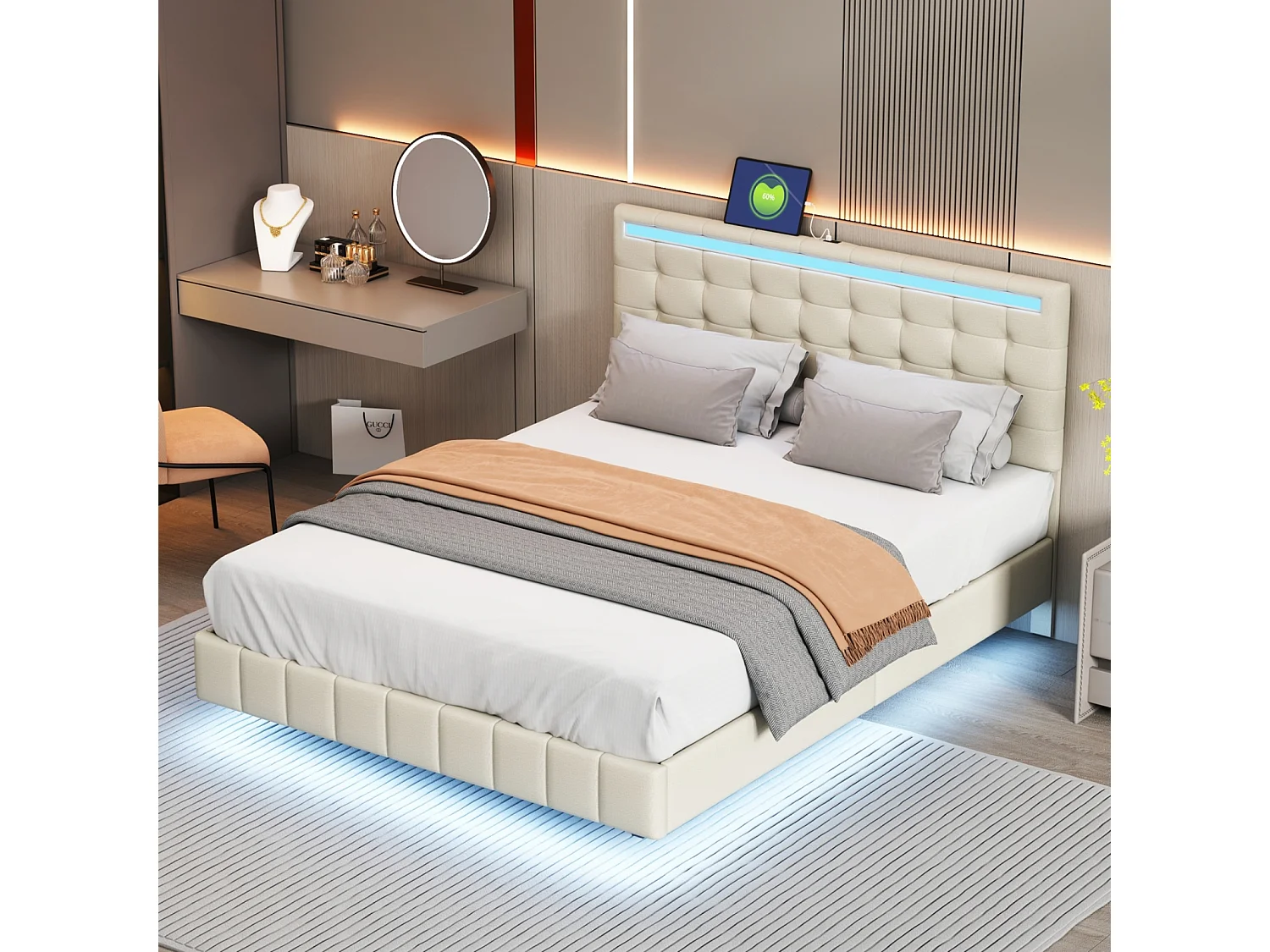 Bed 140 x 200 cm met ledverlichting en verstelbaar hoofdeinde, lattenbodem, linnen stof, beige