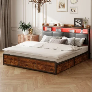Bed 180×200 met onderstel en LED, zwart PU hoofdbord, metalen frame en praktisch opbergvak Bed 180×200 met onderstel en LED, zwart PU hoofdbord, metalen frame en praktisch opbergvak