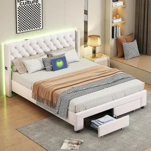 Bedframe 160 x 200 met laden, gestoffeerd bed met LED en USB, fluwelen gestoffeerd bed, beige