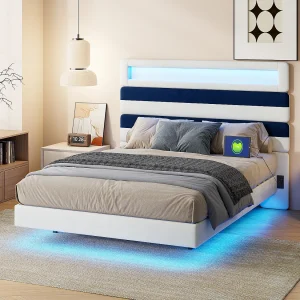 Bed 140 x 190 cm met LED, gestoffeerd tweepersoonsbed met 2 USB-aansluitingen, met lattenbodem, wit Bed 140 x 190 cm met LED, gestoffeerd tweepersoonsbed met 2 USB-aansluitingen, met lattenbodem, wit