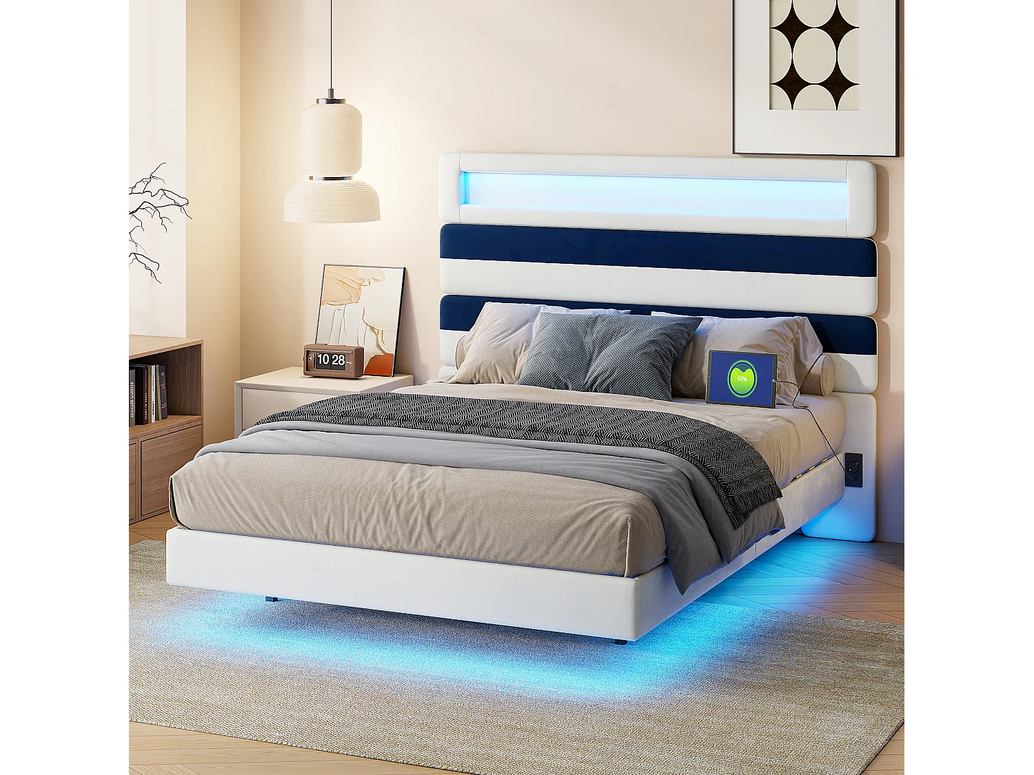 Bed 140 x 190 cm met LED, gestoffeerd tweepersoonsbed met 2 USB-aansluitingen, met lattenbodem, wit