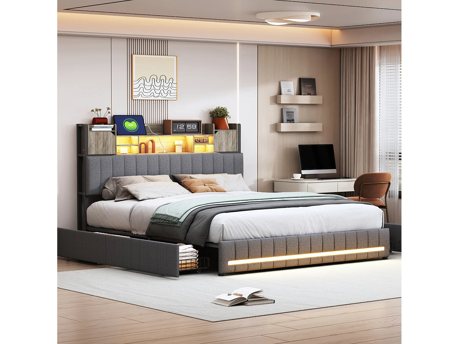 Bed 140x200 met LED en USB, tweepersoonsbed met lattenbodem en 4 lades, linnen, grijs